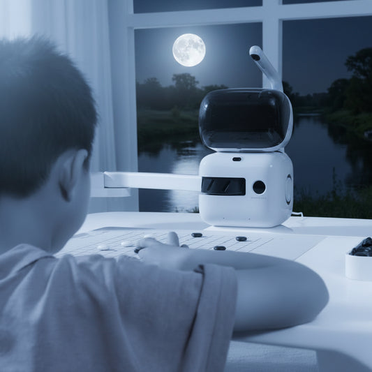 Lifestyle shot of an individual interacting with the compact AI smart robotics device at a desk in a dimly lit room.