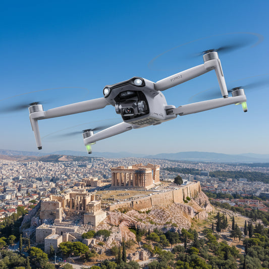 Editorial aerial action shot of the Ruko F11PRO 2 drone flying gracefully over a scenic landscape with historic architecture ACROPOLIS in ATHENS, GREECE