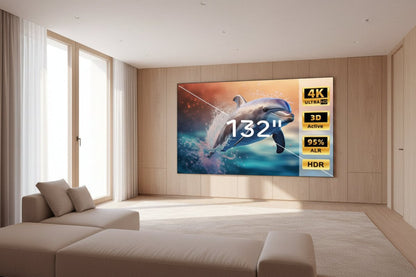 Massive 132-inch 4K projection screen mounted on a living room wall, displaying a vibrant cinematic ocean scene.