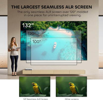 Lifestyle image showing a large home theater projector screen in a modern living space with warm ambient lighting.