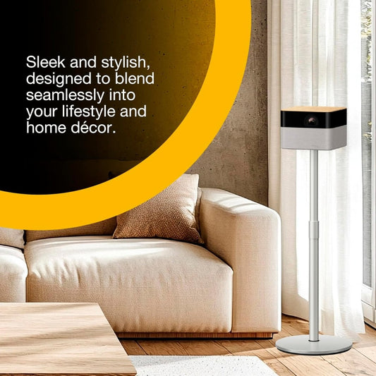 Lifestyle promotional banner featuring the sleek portable levitating projector in a bright, minimalist living space.