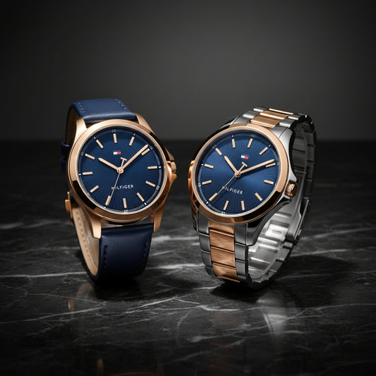 wo Tommy Hilfiger men's watches with different dial colors (blue and gold) presented side-by-side against a dark background.