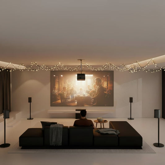 Sophisticated home theater setup with spatial audio speakers positioned around a comfortable seating area facing a large screen.