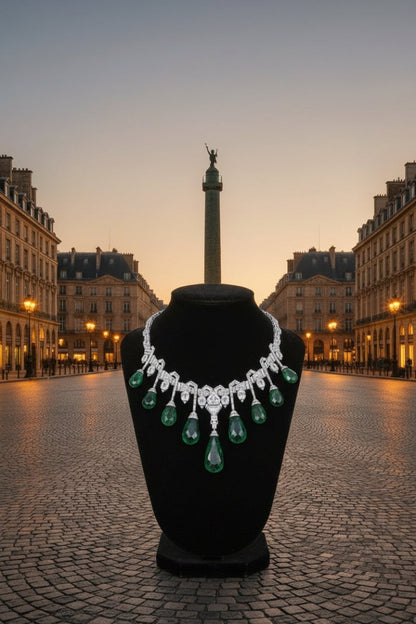 Luxurious diamond and emerald statement necklace displayed on a black bust against an atmospheric European street and monument backdrop at sunset.
