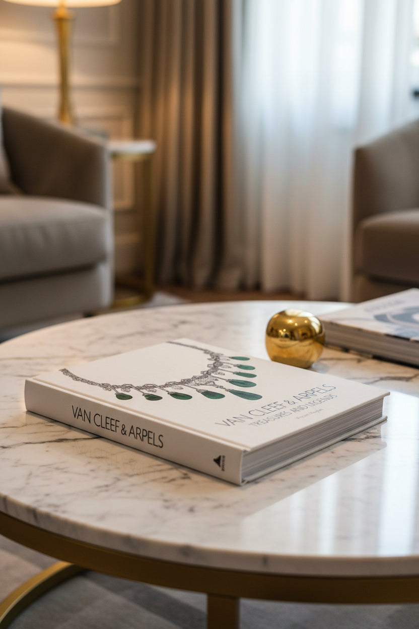 Elegant coffee table styling featuring a decorative tray and luxury accessories in a refined, minimalist interior setting.
