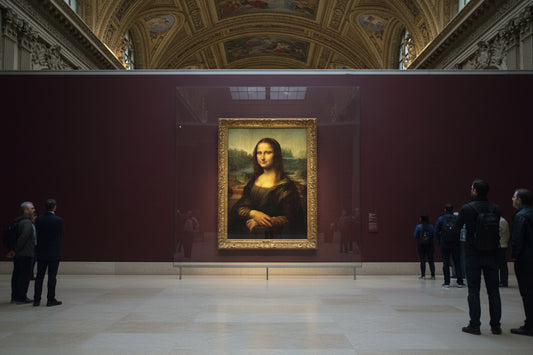 Framed reproduction of Leonardo da Vinci's Mona Lisa mounted on a dark exhibition wall in a grand, spacious gallery hall with visitors admiring it from a distance.