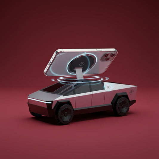 Cybertruck-shaped wireless magnetic phone charger with a smartphone mounted magnetically on top, resting on a deep red background.
