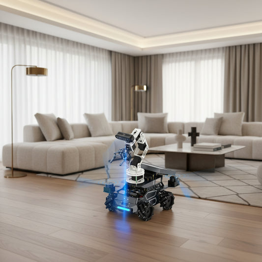 Lifestyle interior view of the autonomous mobile robot navigating smoothly across a polished wooden floor in a spacious luxury living room.